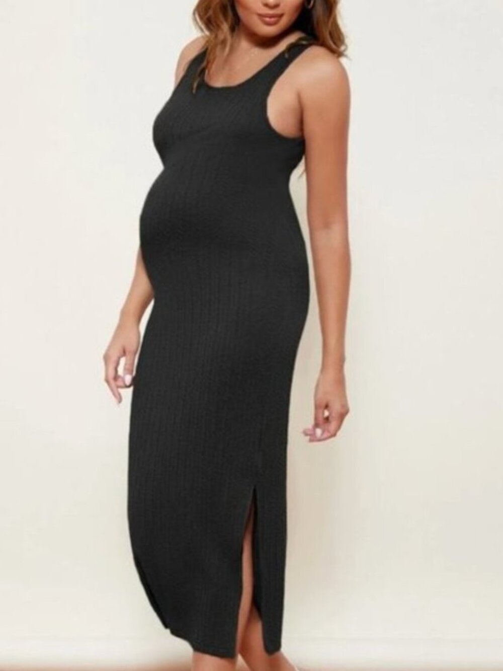 Maternity Split Side Cable Knit stretchy black midi Dress S
